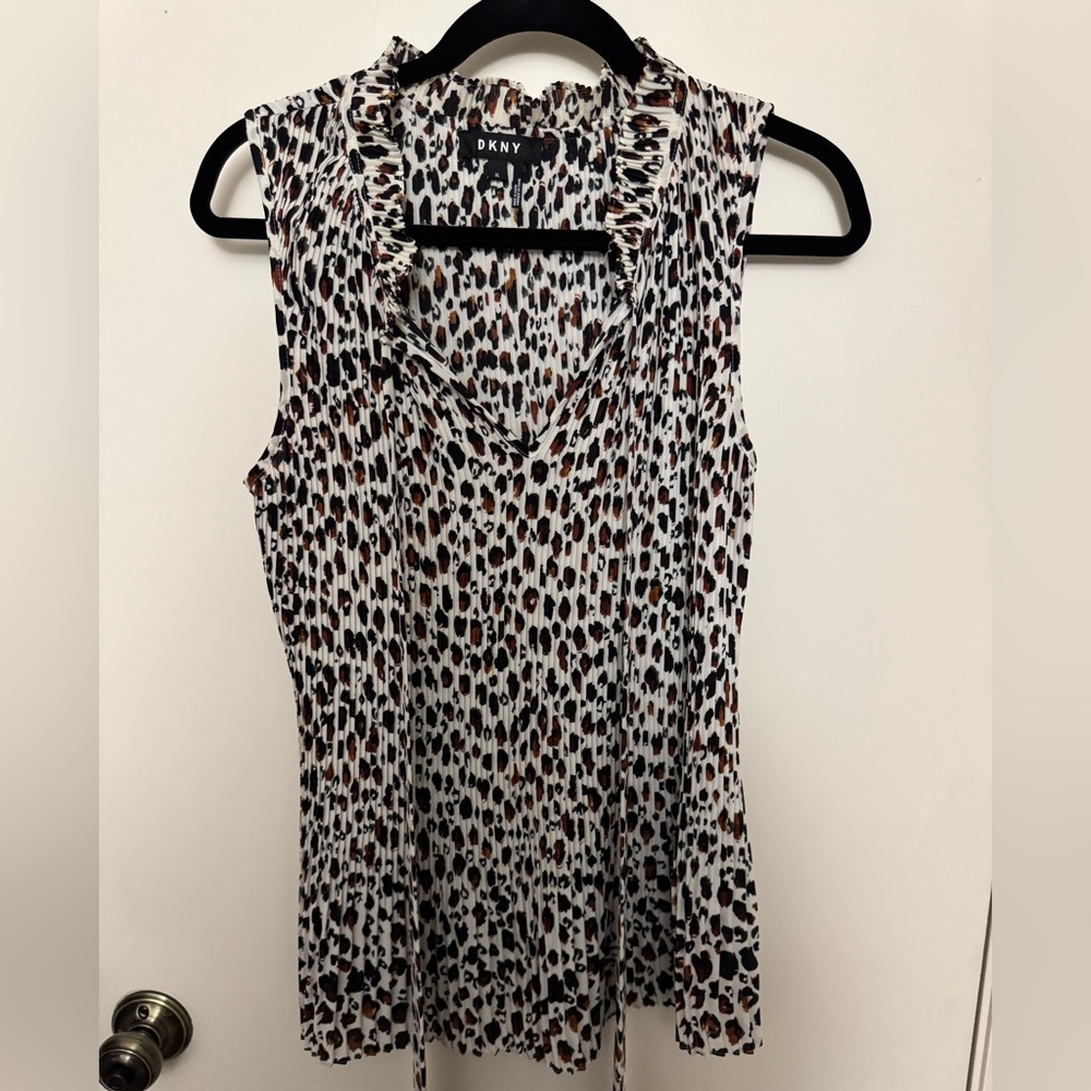 DKNY White Leopard-Print Pleated Tank Top